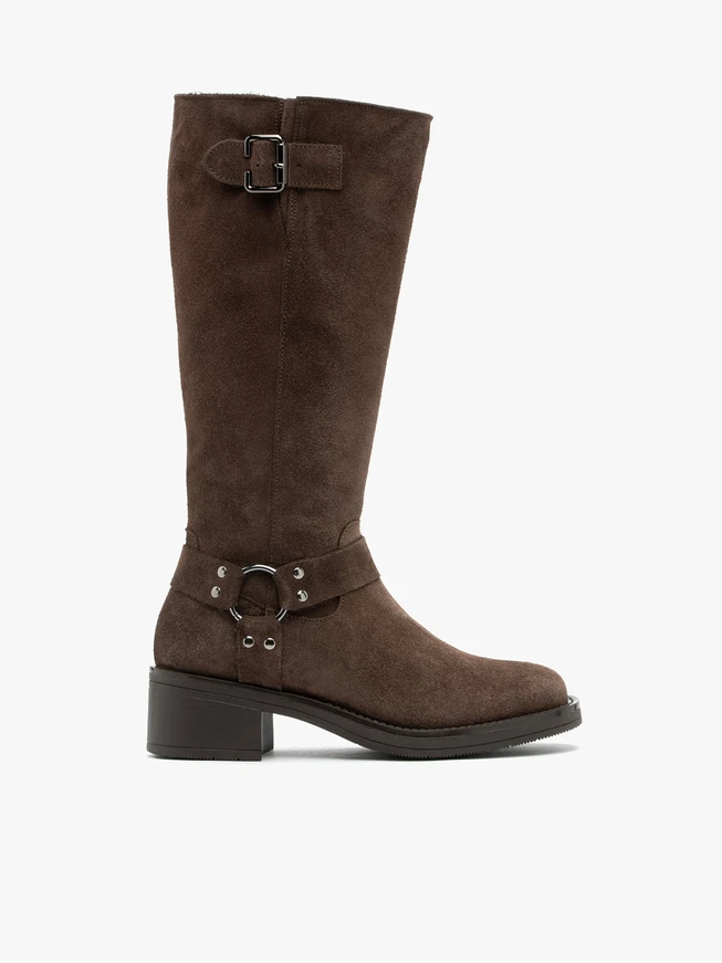 Brązowe kozaki biker boots ze skóry welurowej