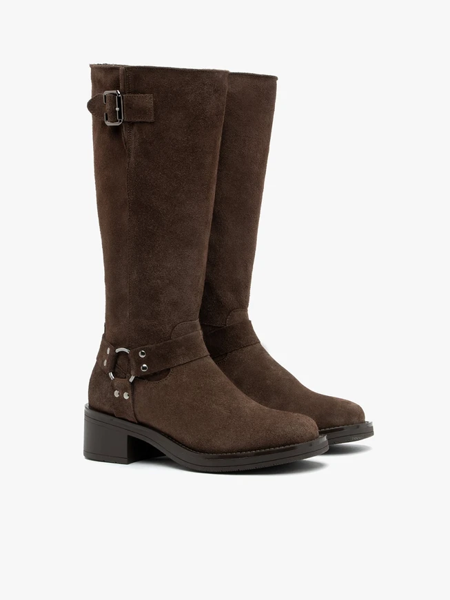 Brązowe kozaki biker boots ze skóry welurowej